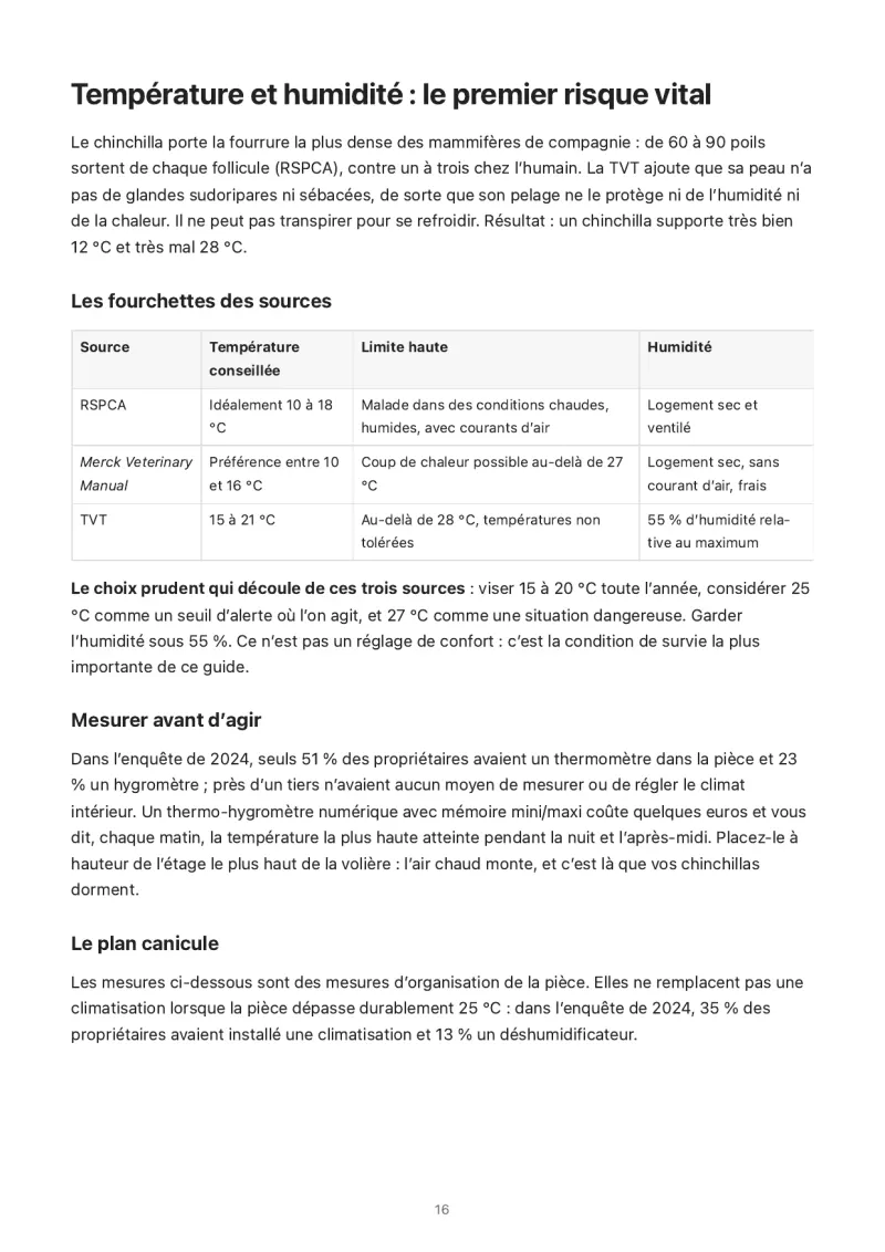 Page 16 du guide chinchilla : température et humidité, tableau des repères RSPCA, Merck et TVT, début du plan canicule