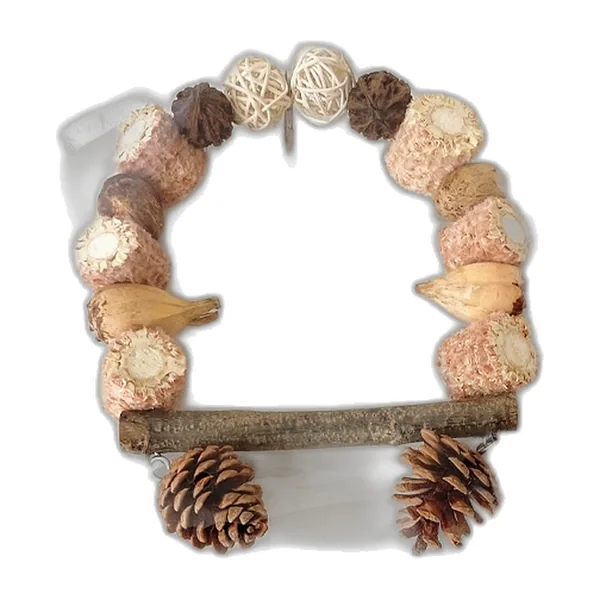 Natural bird swing with corn cob arch and wooden perch with pine cones