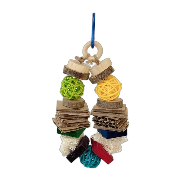 Hanging chew garland with coloured rattan balls, cardboard and wood
