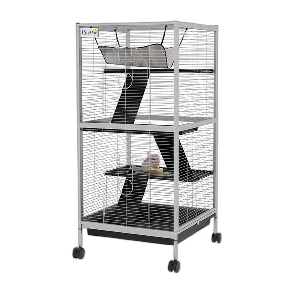 Tall white rolling four-level ferret and chinchilla cage with hammock