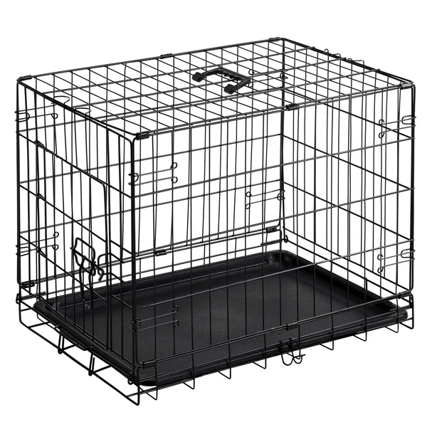 Black folding wire dog crate with plastic tray