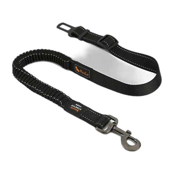 Black dog car seat belt with elastic section and snap hook