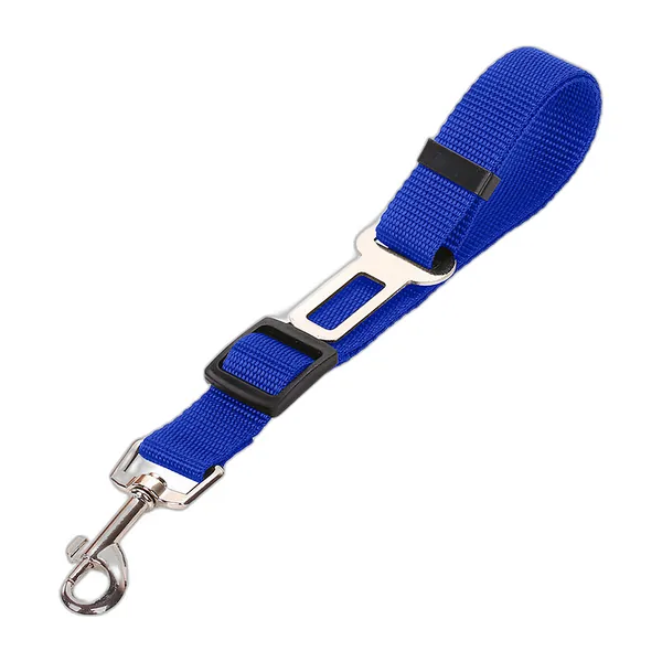 Blue dog car seat belt tether with metal tongue and snap hook