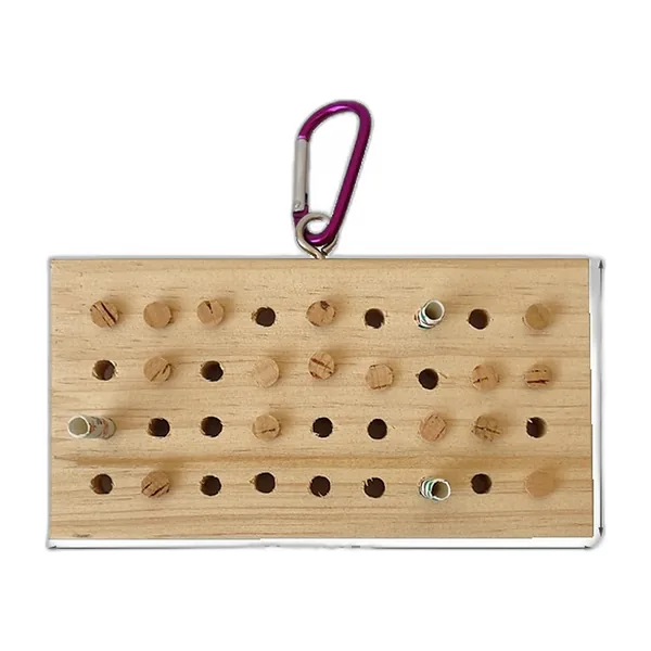 Wooden board with holes packed with plugs, parrot toy with snap hook