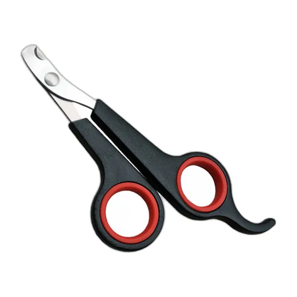 Black and red scissor-style cat nail clipper with stainless-steel blade