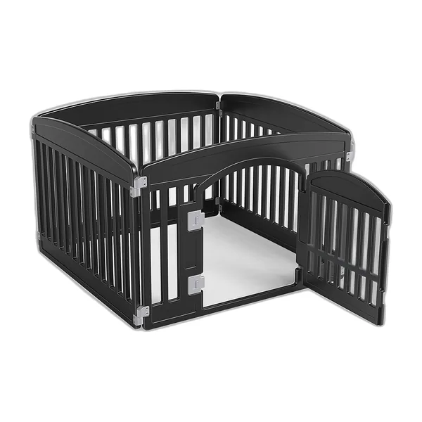 Black four-panel plastic playpen with door