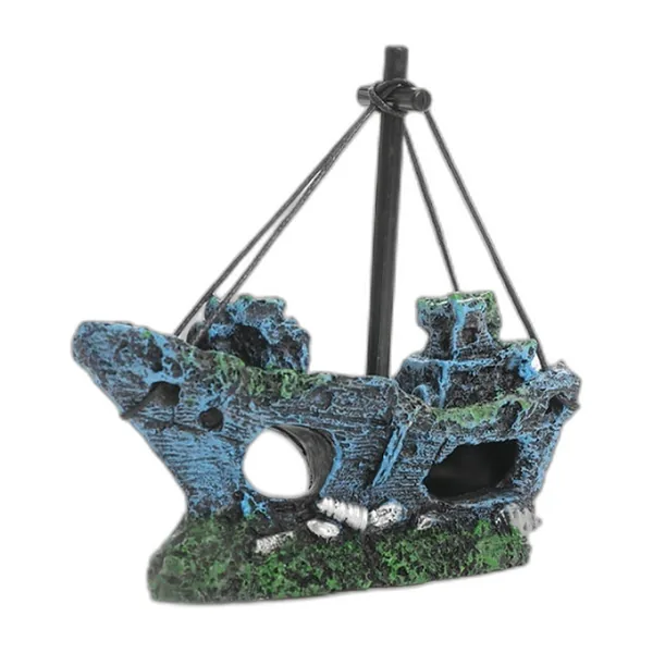 Blue and green resin sailboat wreck for aquariums, with masts and openings