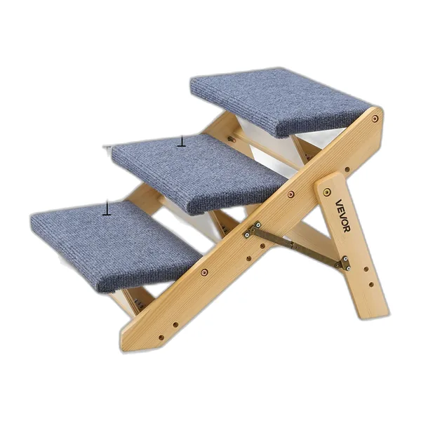 Folding three-step wooden pet stairs with grey carpeted steps