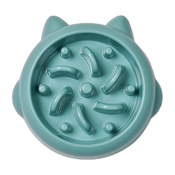 Teal slow-feeder dog bowl with spiral ridges in the base