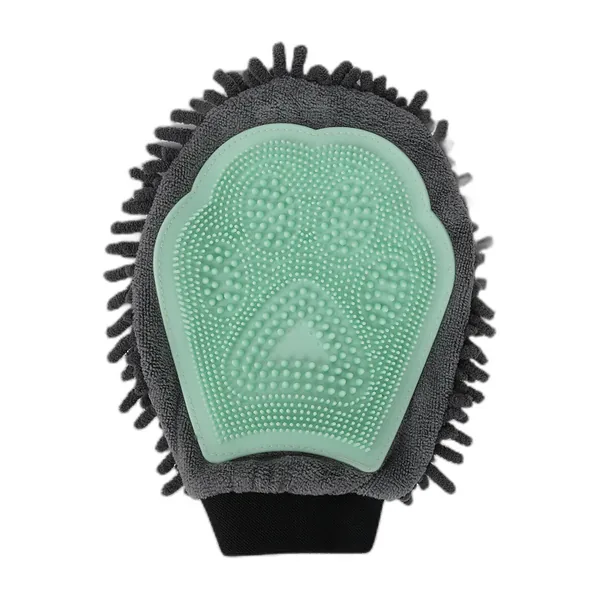 Dog grooming glove with green silicone nubs and grey microfibre edge