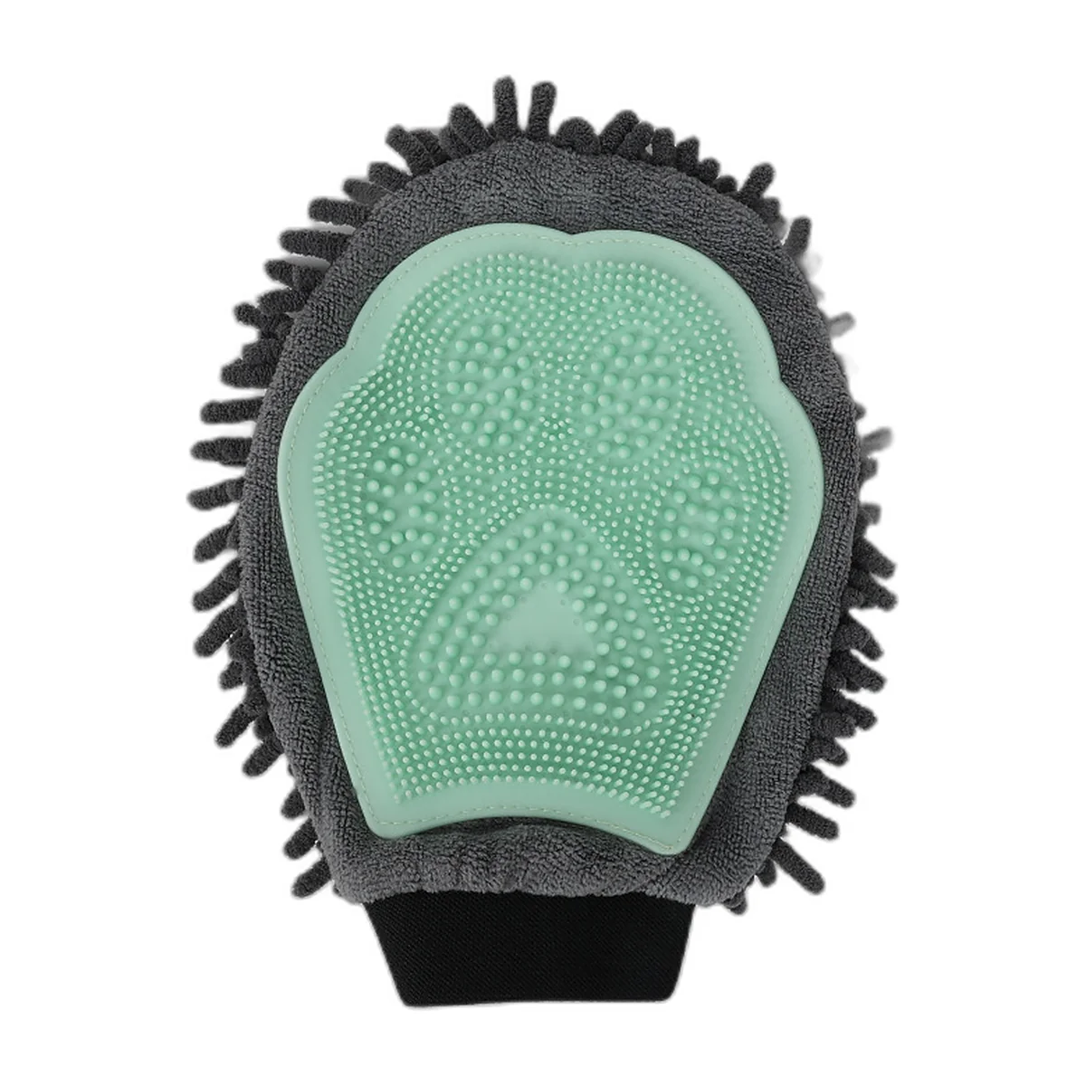 Gant de toilettage pour chien, face picots vert et contour microfibre gris