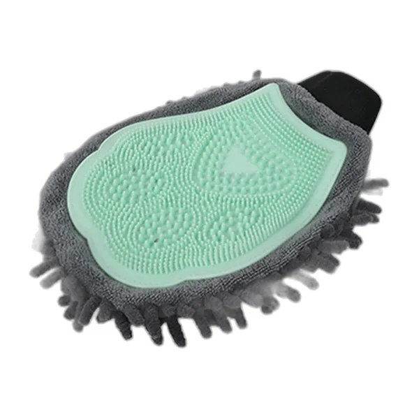 Gant de toilettage pour chien, face picots vert et contour microfibre gris — vue 4