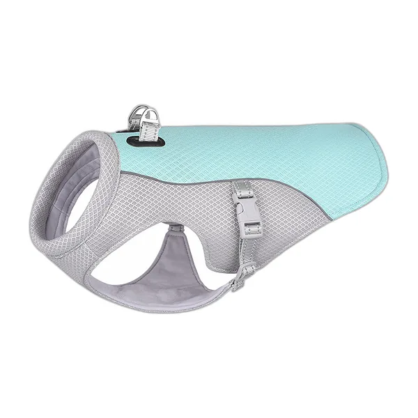 Turquoise and grey cooling vest for dogs, side view
