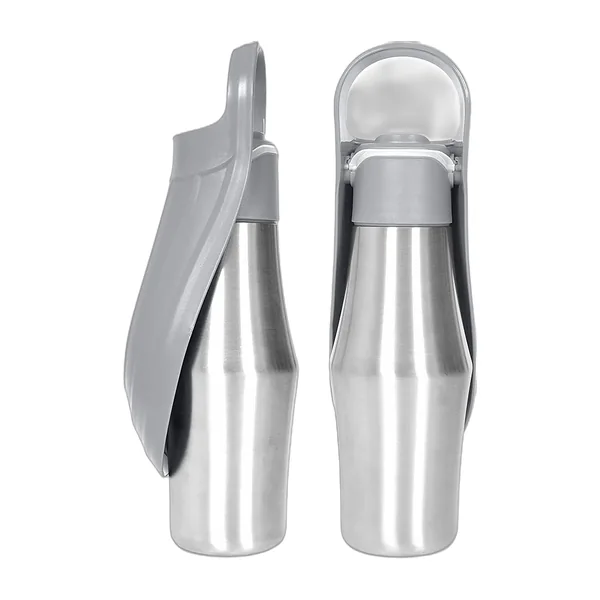 Stainless steel dog walking bottle with open grey leaf bowl