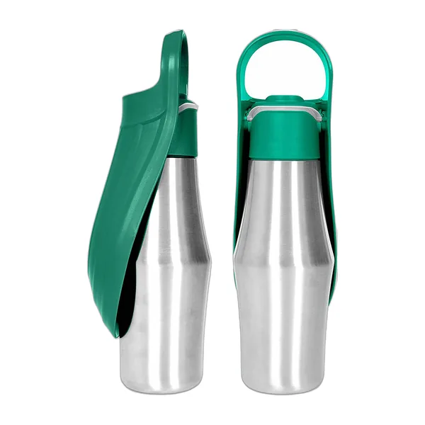Gourde de promenade pour chien en inox avec bol feuille gris ouvert — vue 2