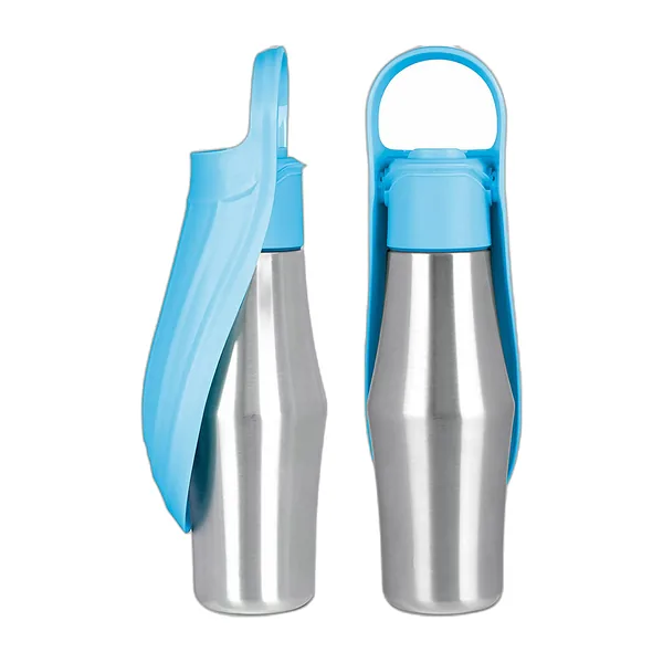 Gourde de promenade pour chien en inox avec bol feuille gris ouvert — vue 3