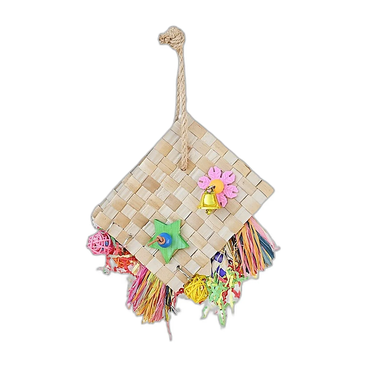 Woven palm leaf foraging toy with colourful raffia and rattan balls