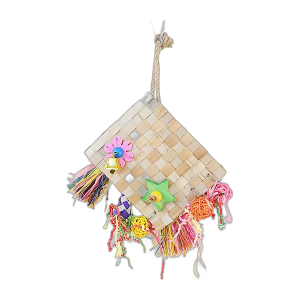 Woven palm leaf foraging toy with colourful raffia and rattan balls — view 2