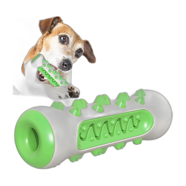 Green and white bone-shaped chew toy with nubs, held by a dog