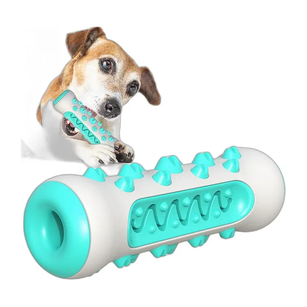 Green and white bone-shaped chew toy with nubs, held by a dog — view 2