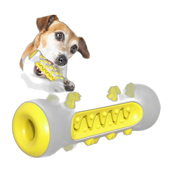 Green and white bone-shaped chew toy with nubs, held by a dog — view 3