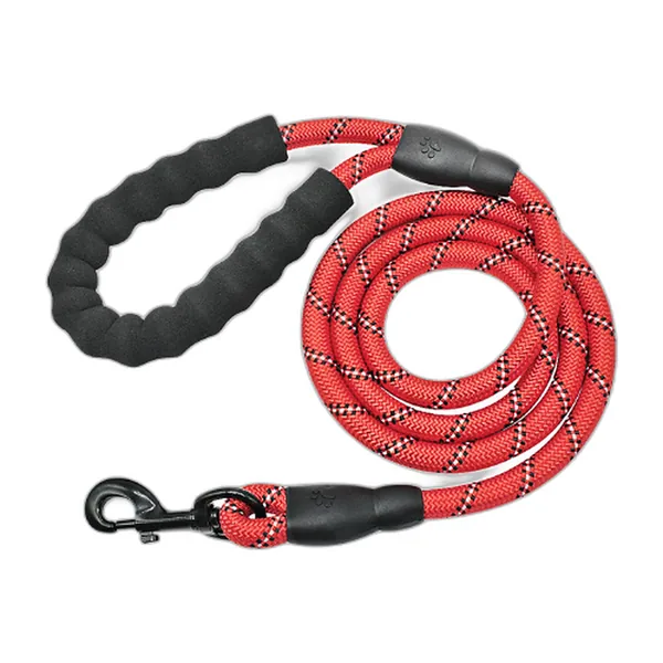Red round rope dog lead, reflective braid and black foam handle