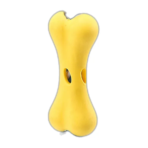 Yellow treat-stuffing dog bone with holes and blue and white rope