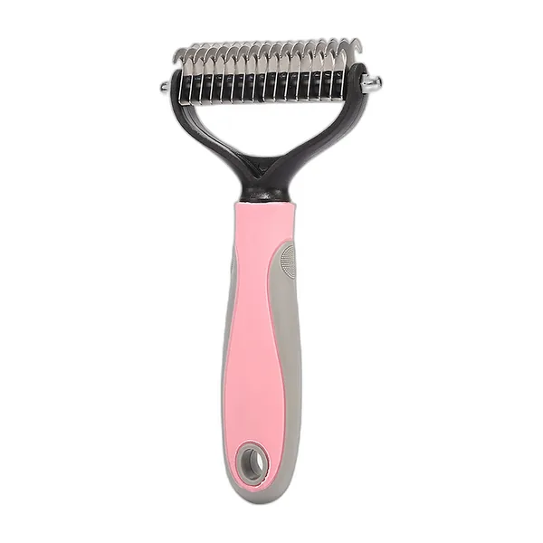 Double-sided dog dematting comb, stainless blades and pink handle