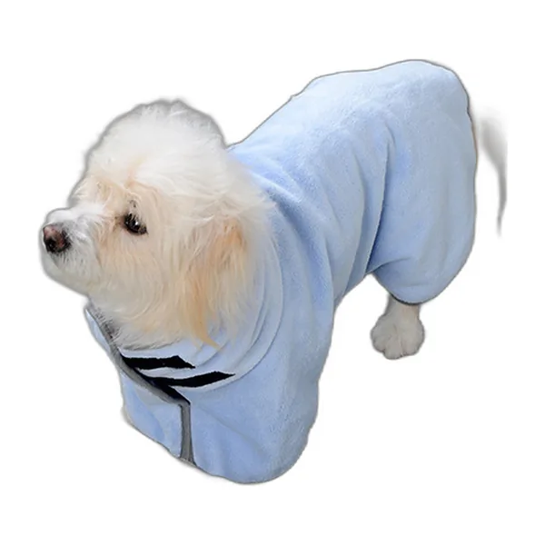 Blue microfibre drying robe worn by a small white dog
