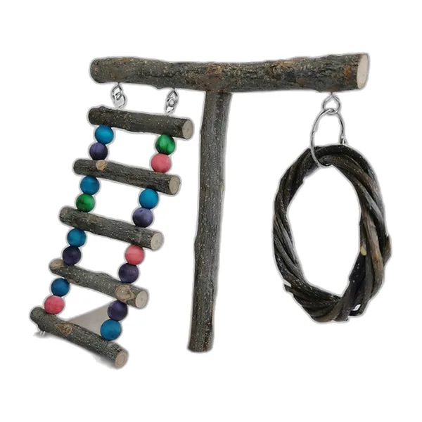 Natural wood budgie play stand with beaded ladder and rattan ring