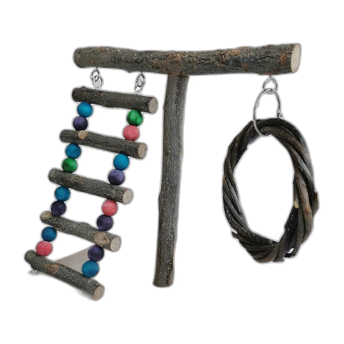 Aire de jeu en bois naturel pour perruche avec échelle perlée et anneau en rotin
