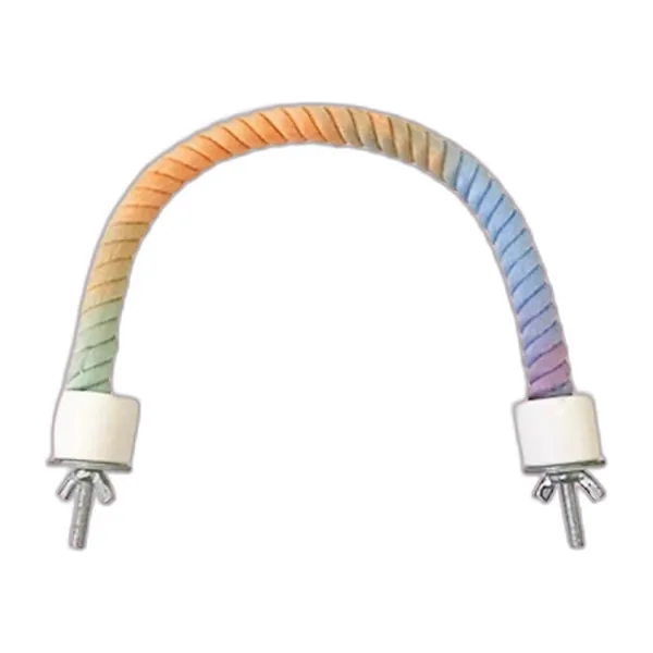 Flexible pastel gradient cotton rope perch bent into an arch, with screw fittings