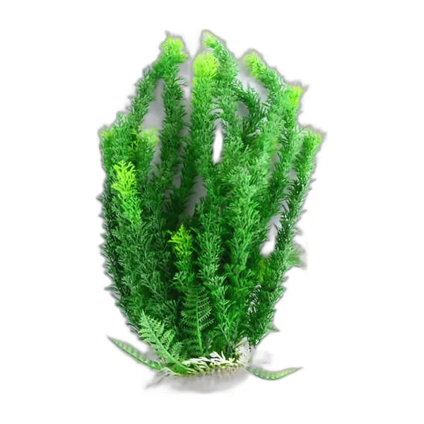 Tall green artificial aquarium plant on a flat base