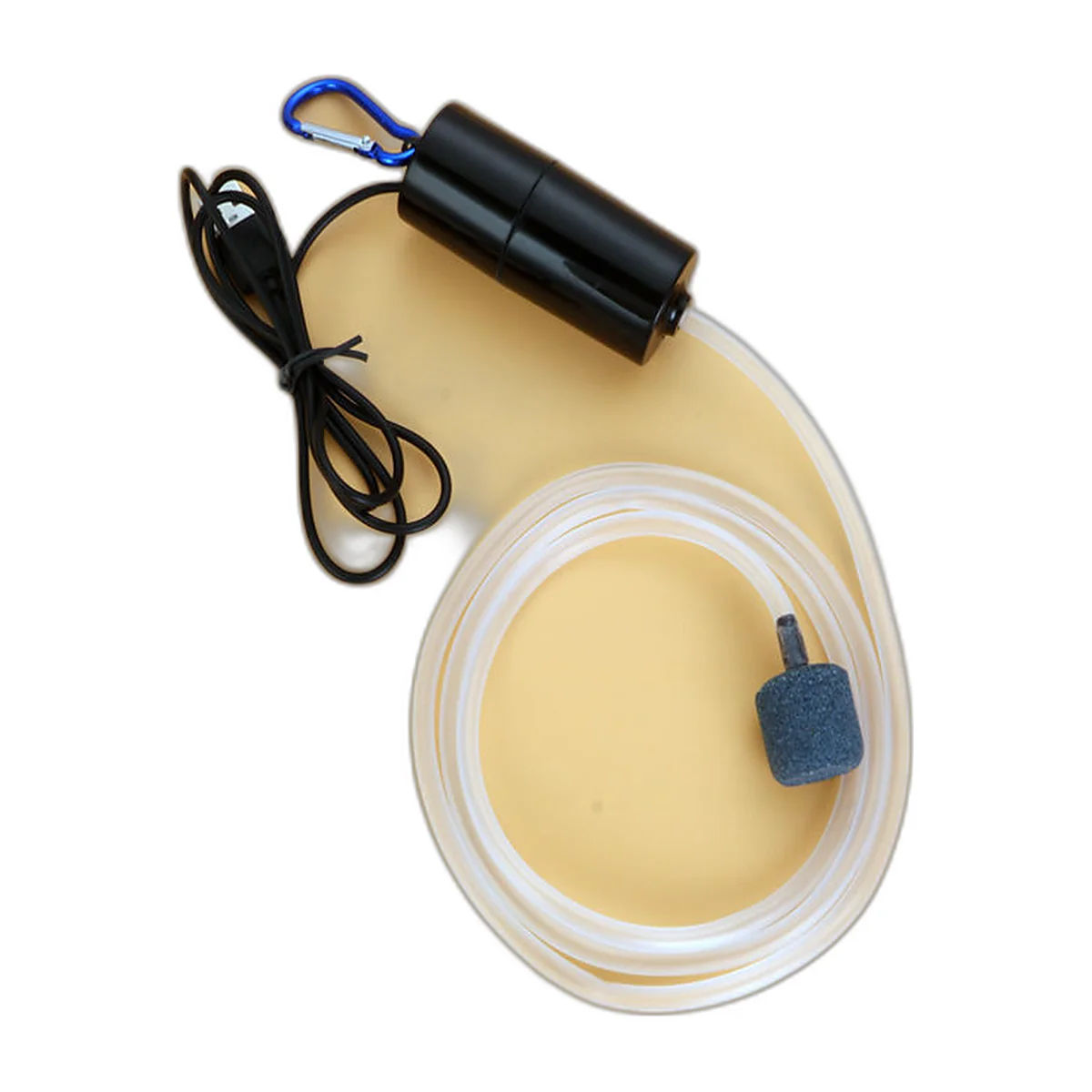 Mini pompe à air USB noire avec tuyau transparent et pierre à air
