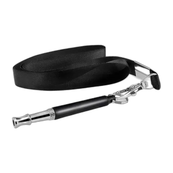 Silver and black metal dog recall whistle with lanyard