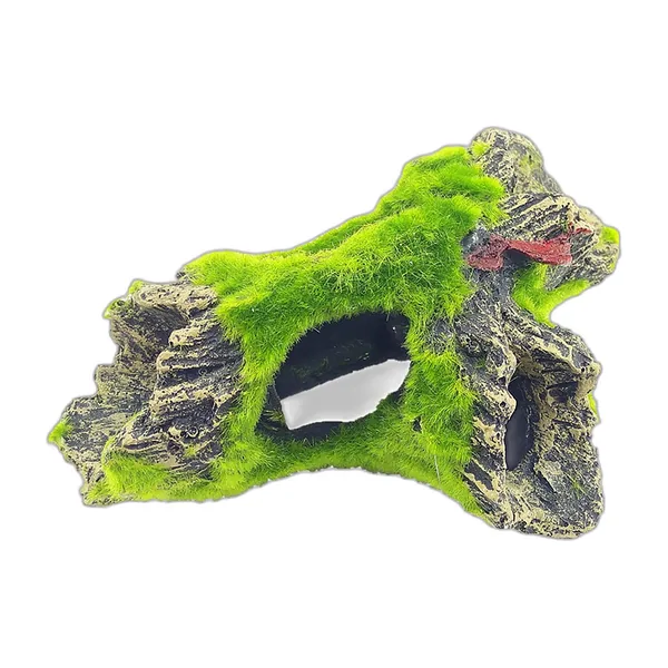 Hollow resin aquarium log with green moss-effect flocking and opening