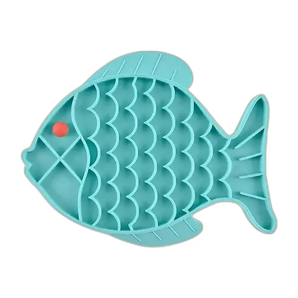 Blue fish-shaped silicone lick mat