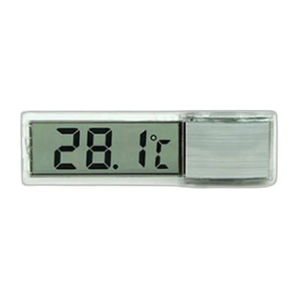 Silver stick-on LCD thermometer on aquarium glass showing 28.1 °C