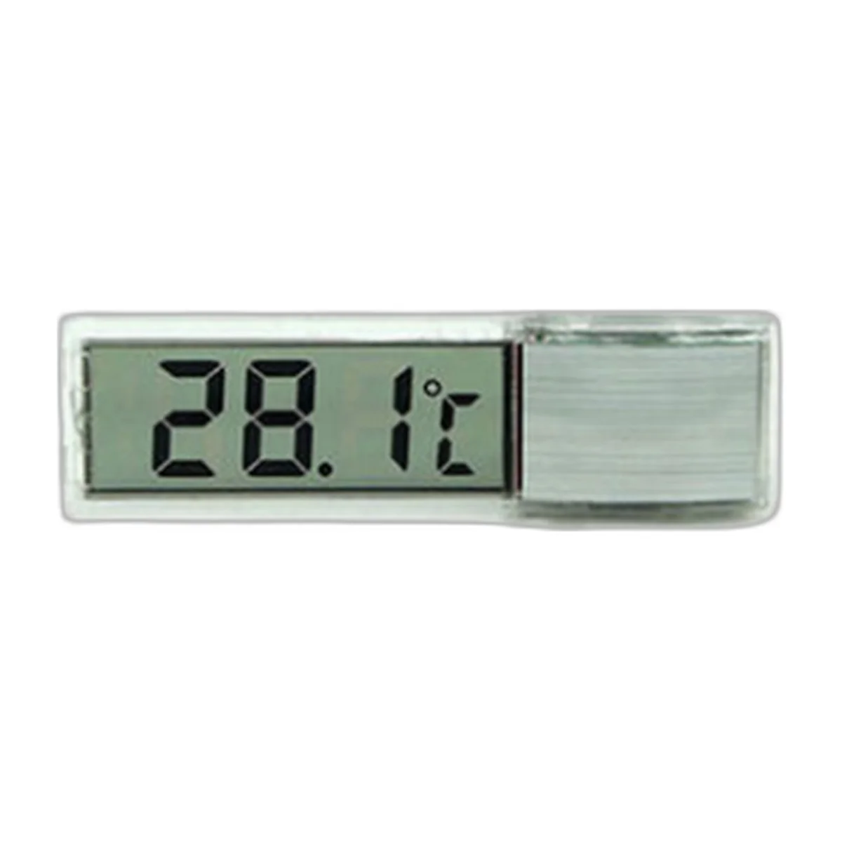 Thermomètre digital LCD argenté à coller sur la vitre d’un aquarium, affichant 28,1 °C