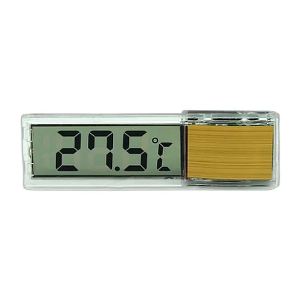 Thermomètre digital LCD argenté à coller sur la vitre d’un aquarium, affichant 28,1 °C — vue 2